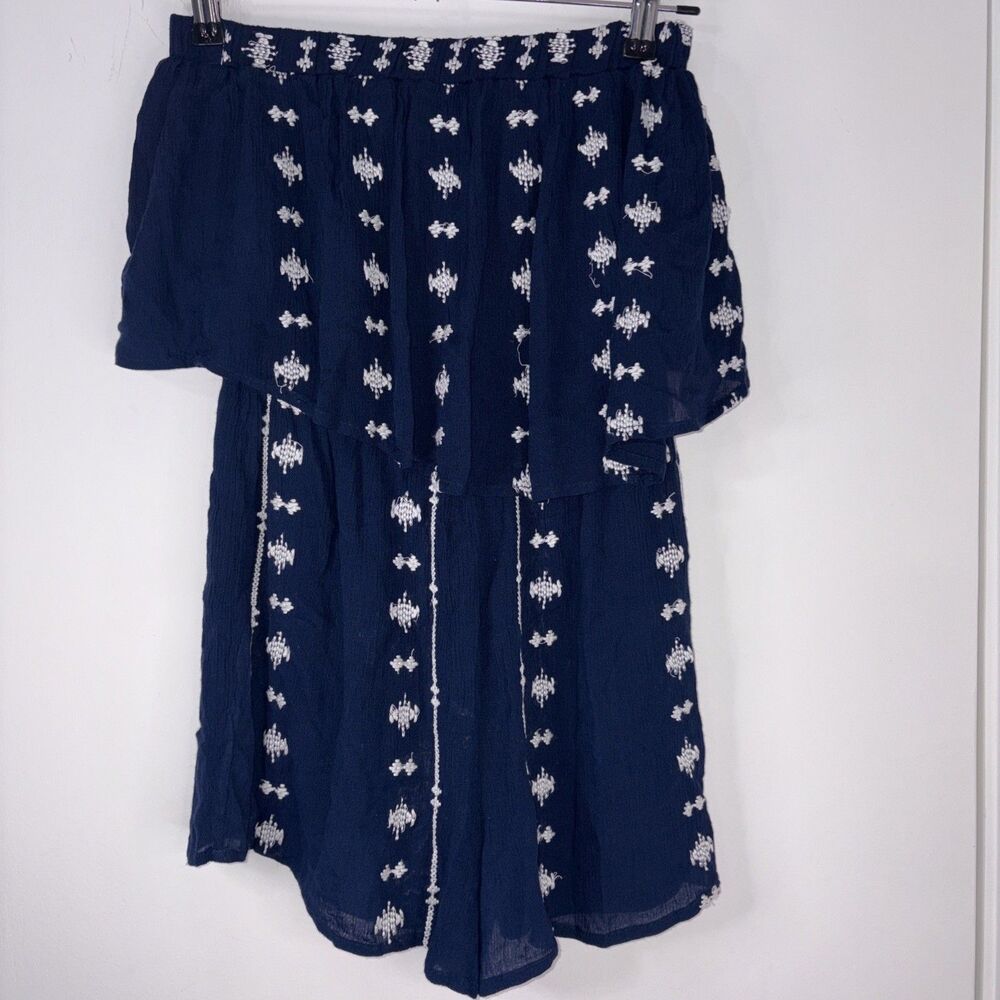 Japna Womens Size Small Flounce Overlay Bandeau Romper Embroidered Blue White‎